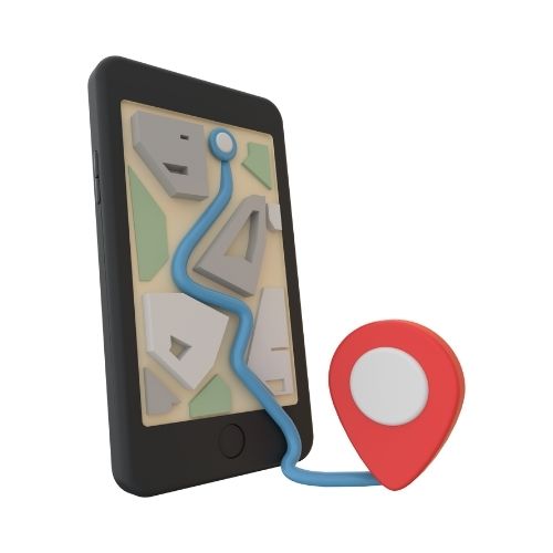 Drawing of a smartphone with a map on the screen, showing a blue path that leads off the phone to a red location pin that is outside the border of the phone.
