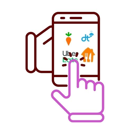 Line drawing of a smart phone that has apps for Instacart, DeliverThat, Uber Eats and Grubhub, and a finger tapping the Uber Eats icon.