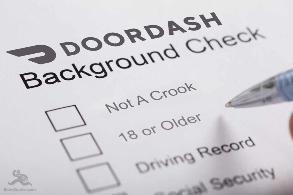 A pen hovers over a check box of a list entitled Doordash Background Check with options for Not a Crook, 18 or Older, Driving Record, and Social Security.