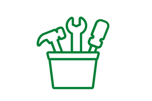 Doordash delivery tools symbolized by a line drawing of a tool bucket holding a hammer, wrench, and screwdriver.