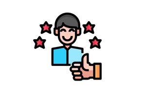 Doordash driver qualifications symbolized by icon of a smiling person surrounded by stars and another person's hand giving a thumbs up.