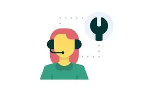 Doordash tech support represented by cartoon image of faceless woman wearing a headset with thought bubbles leading to a wrench icon (for fixing things). 