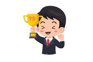 Cartoon image of a person smiling holding up a trophy with the letters TD engraved standing for Top Dasher.