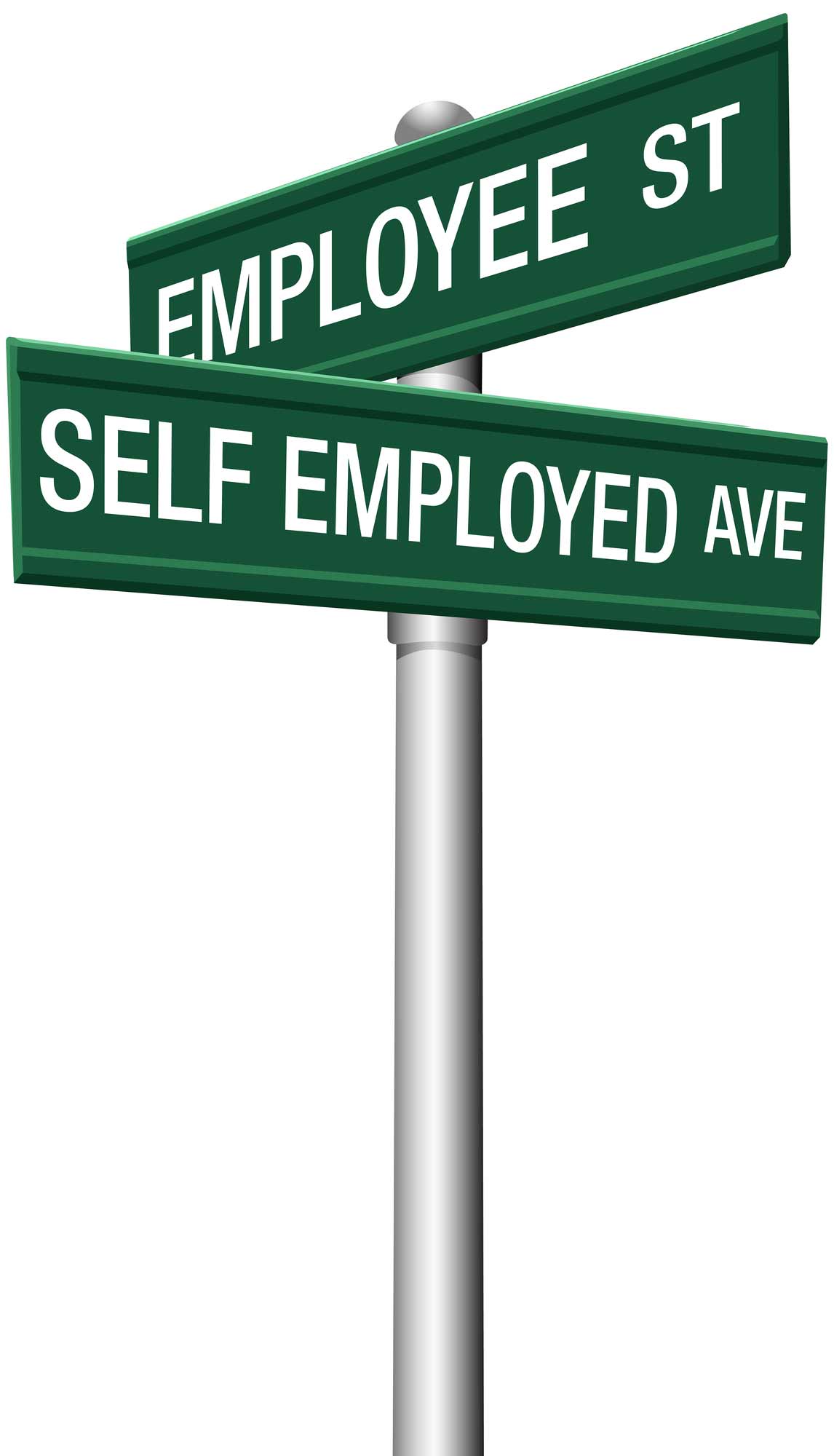 A street sign indicating cross streets where the street names that go in cross directions are Self Employed Avenue and Employee Street