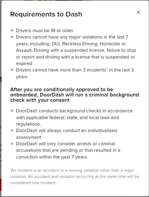 Screenshot from January 10, 2018 version of Doordash's website (via the Wayback machine archives) detailing requirements to dash that include restrictions for major violations in the last seven years or more than three motor vehicle incidents int he last 3 years.