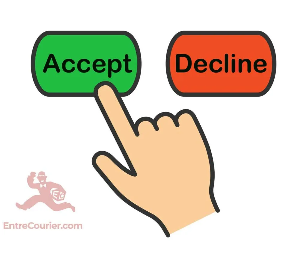 Drawing of a hand hovering over two buttons such as icons on a smartphone, a red button that says decline and a green button that says accept, with the finger about to tap the accept button.