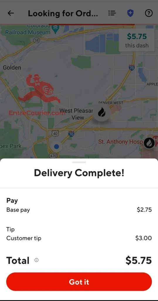 Screenshot of a Doordash delivery summary showing base pay of $2.75 and Customer tip of $3.00