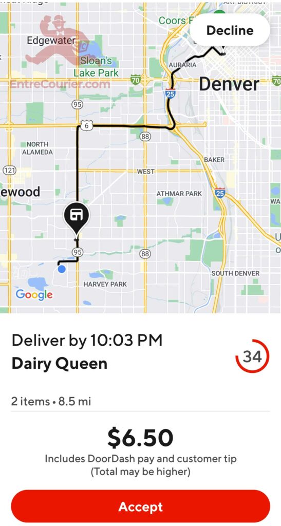 Screenshot of an offer screen on the Dasher app offering a delivery to a driver that must be delivered by 10:03, has two items, goes 8.5 miles, and pays $6.50.