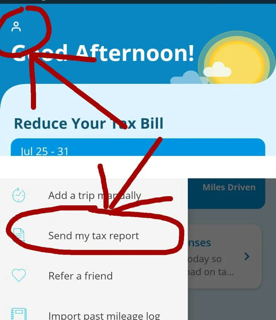 How to get your tax report from stride shown by two screenshots from the Stride app, the first one that circles the personal menu option, and the second one that circles the option to Send my tax report.