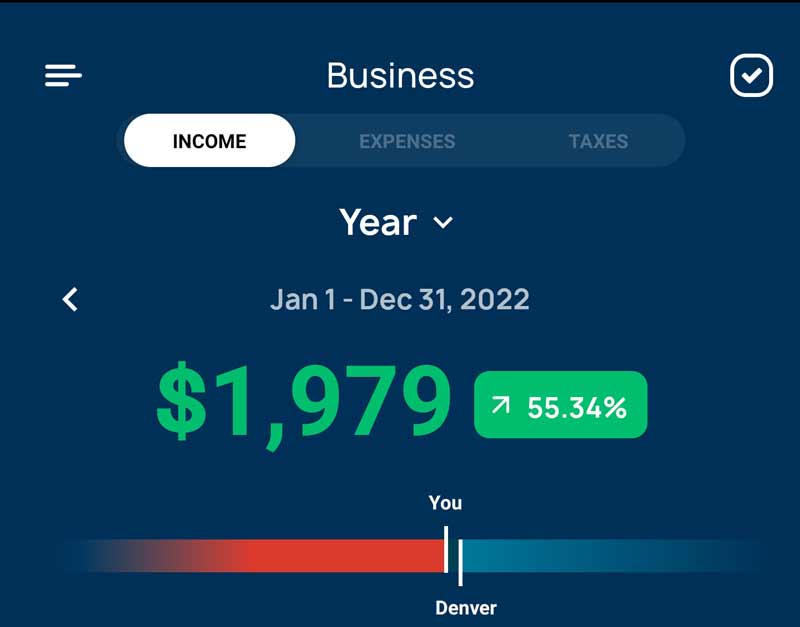 Screenshot of the income dashboard from the Solo app that shows total income for the year of $1,979 and an icon that show it is an increase of 55.34%.