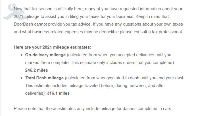 Screenshot of a Doordash email listing 2021 mileage estimates including on-delivery mileage of 246.2 miles and Total Dash mileage of 316.1 miles.