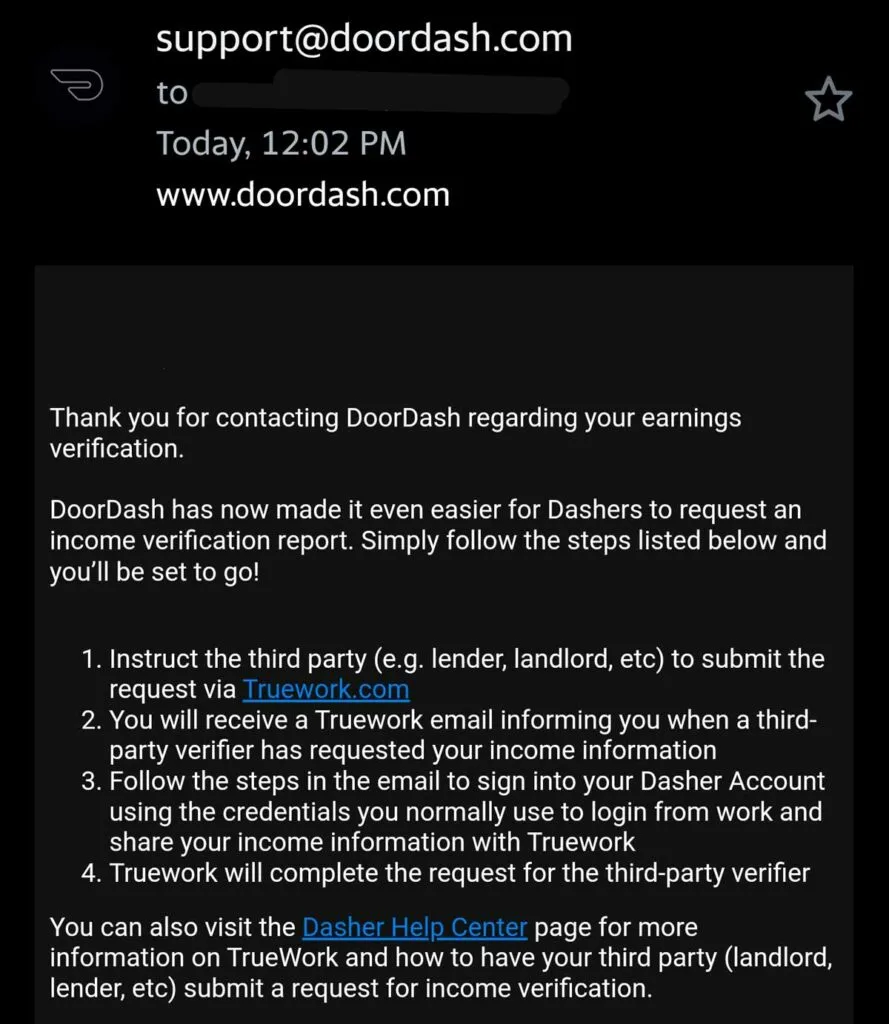 Screenshot of email response from Doordash explaining how to get income verification, where a third party will have to request verification through TrueWork.