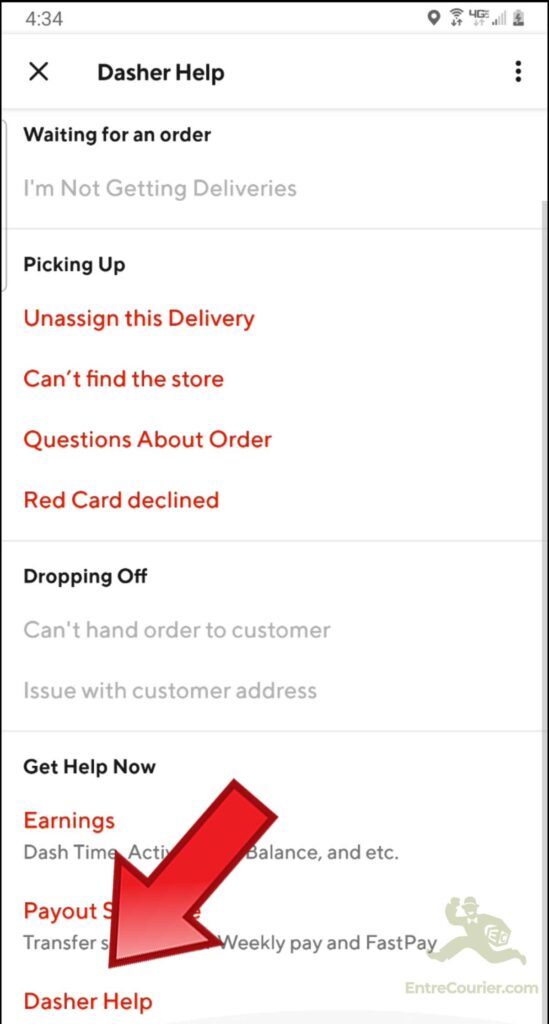 Screenshot of the Dasher Help screen in the Doordash Driver app, with a red arrow pointing to the Dasher Help option at the bottom of the page.