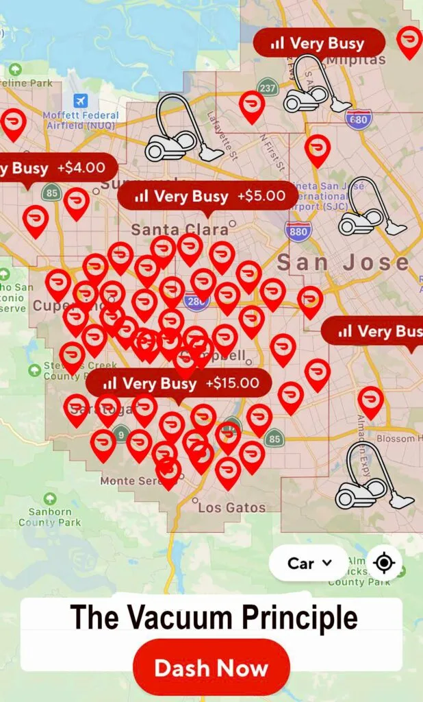 The Doordash vacuum principle illustrated by a Doordash delivery zone map with one zone showing a $15.00 peak pay. Dozens of map icons with Doordash logos symbolize Dashers waiting for orders in that area. Empty low paying zones have few or no dashers and show line drawings of vacuum cleaners indicating the vacuum that is created when drivers chase the higher peak pay.
