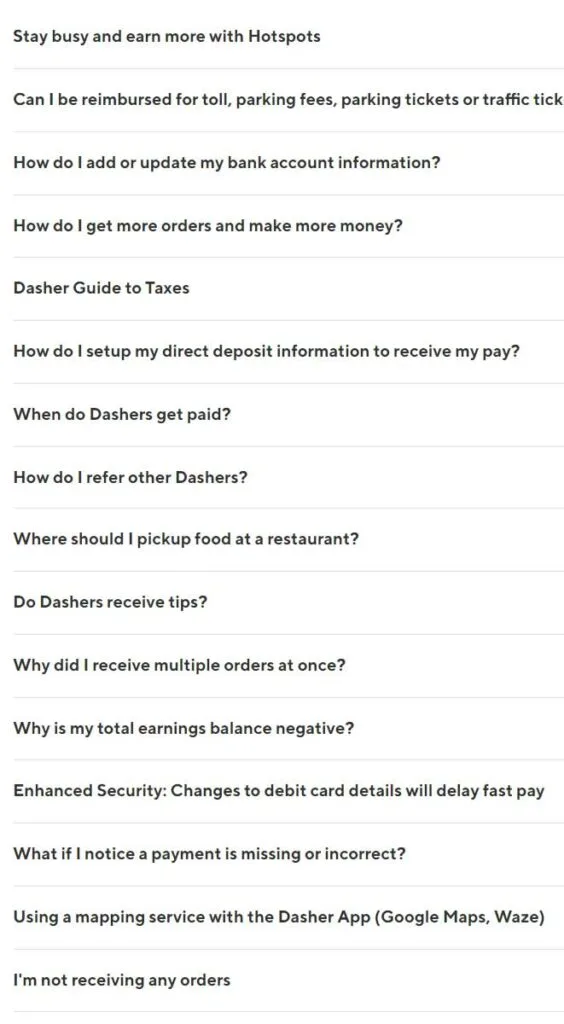 Screenshot of Doordash earnings support options without a single option for any form of income statement or verification.