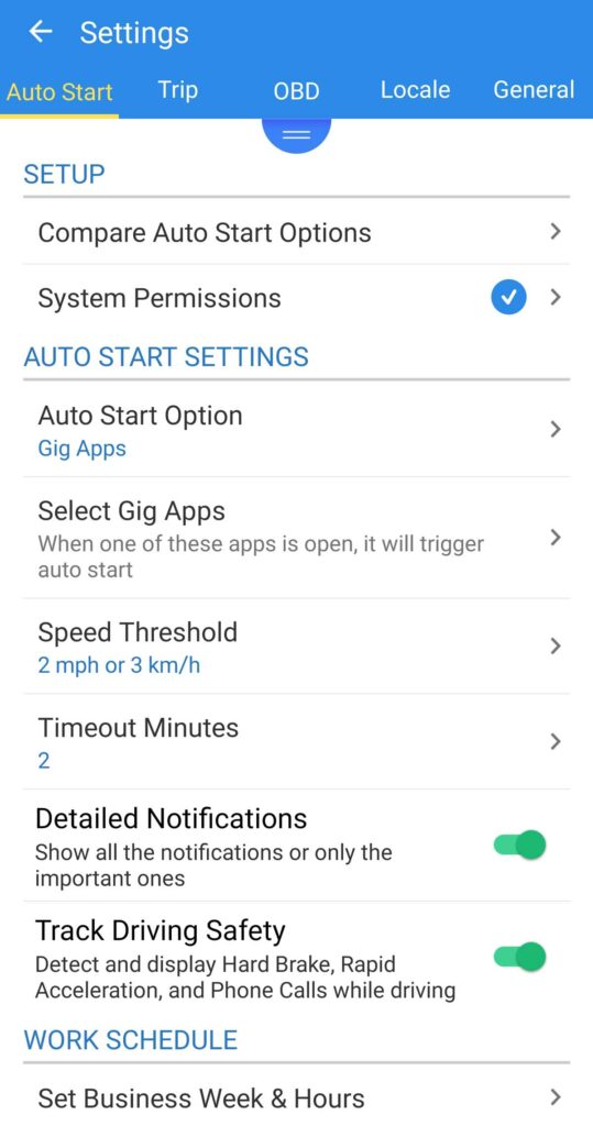 Screenshot of Triplog settings screen that shows where you can choose Gig Apps mode, a spot where you can select the apps for Triplog to monitor, and other settings to fine tune auto tracking.