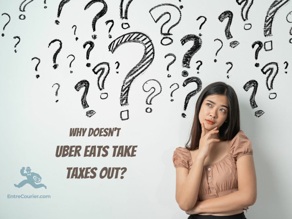 A woman with a puzzled look on her face and hand to chin, with several question marks on the background and the question Why doesn't Uber Eats Take Taxes Out?
