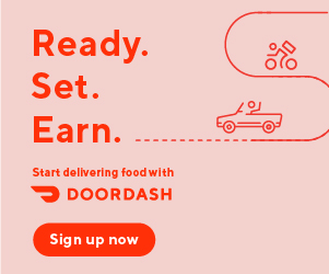 Sponsored image from Doordash with line drawings of a person on a bicycle with a backpack and another waving from a car with the caption Ready. Set. Earn. Start delivering food with Doordash.