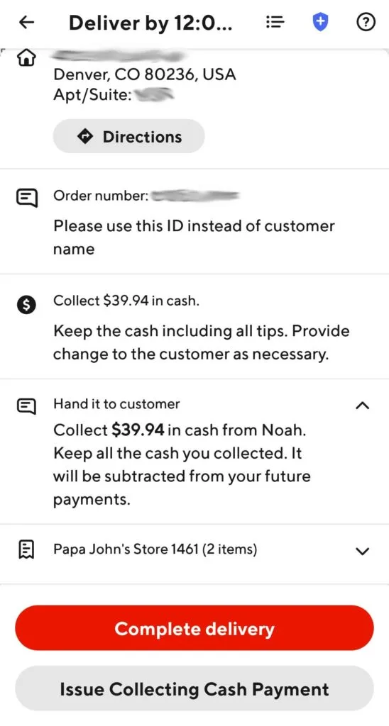 screenshot of cash on delivery instructions stating to collect $39.94 in cash from the customer and hand it to the customer.