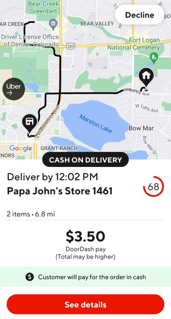 Screenshot of a Doordash delivery offer for a Cash on Delivery order that highlights that Customer will pay for the order in cash and the order type reads Cash on Delivery.