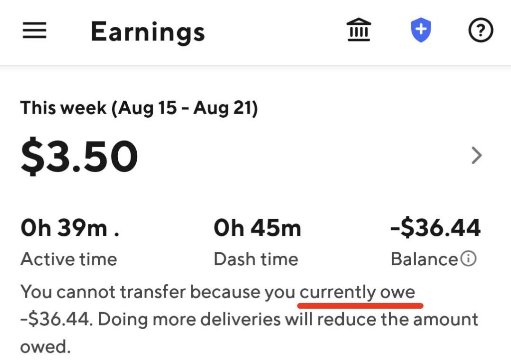 screenshot of my earnings tab in the Dasher app after completing a cash on delivery order, 