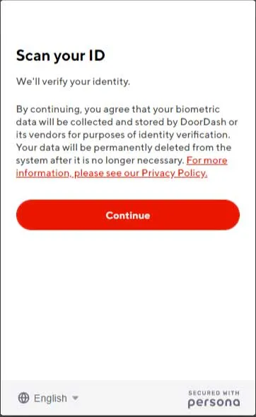 Screenshot of scan your id screen from Doordash application process that request you to scan your ID and agreeing that Doordash can use  the data for identification verification purposes. 