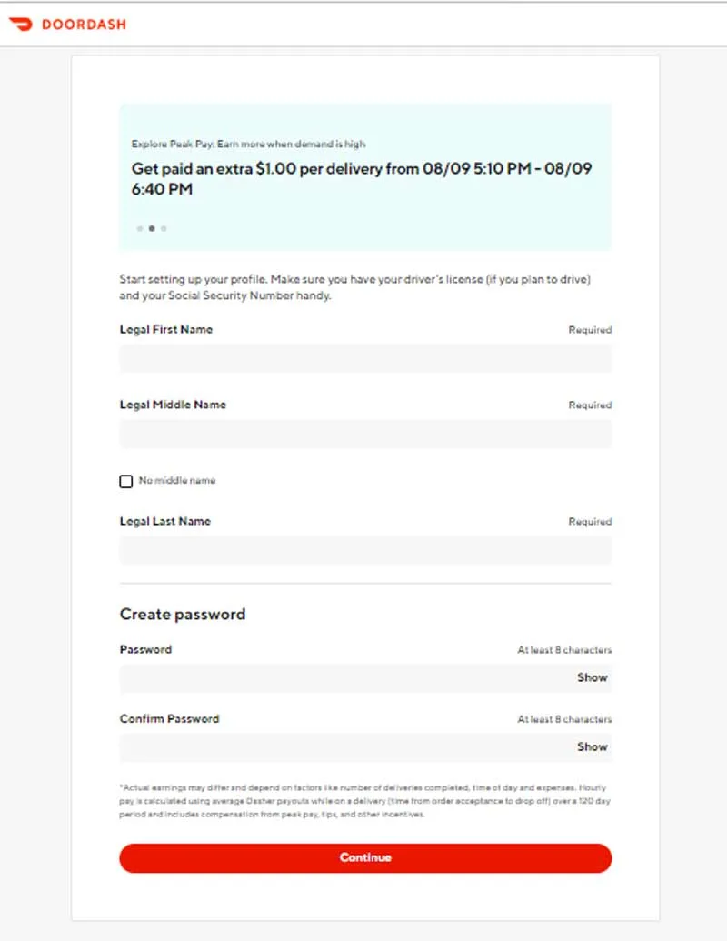 Screenshot of Doordash signup asking for legal nam and creating a password.