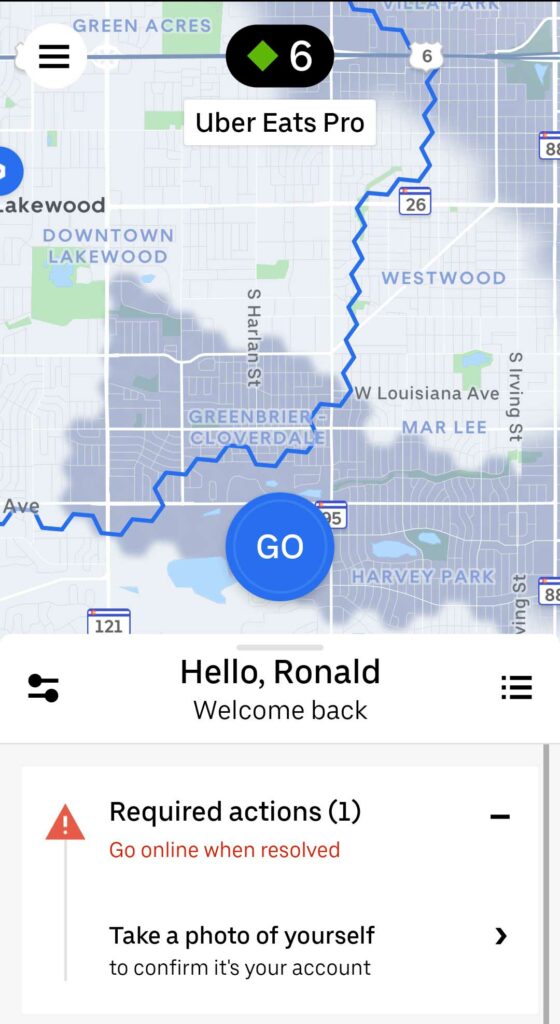 Screenshot of the Uber driver app home screen.