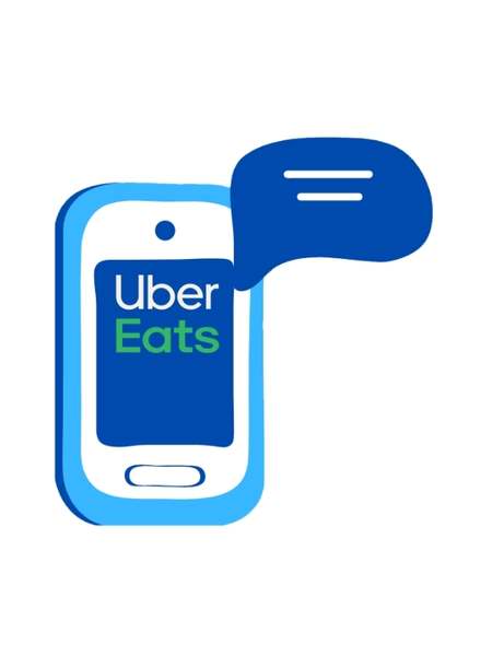 Drawing of a smart phone with the Uber Eats logo on the screen and a word bubble illustrating information being shared by the app.