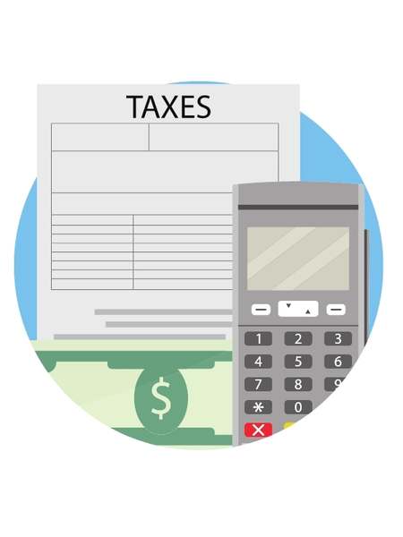 illustration of a calculator, money, and a tax form.