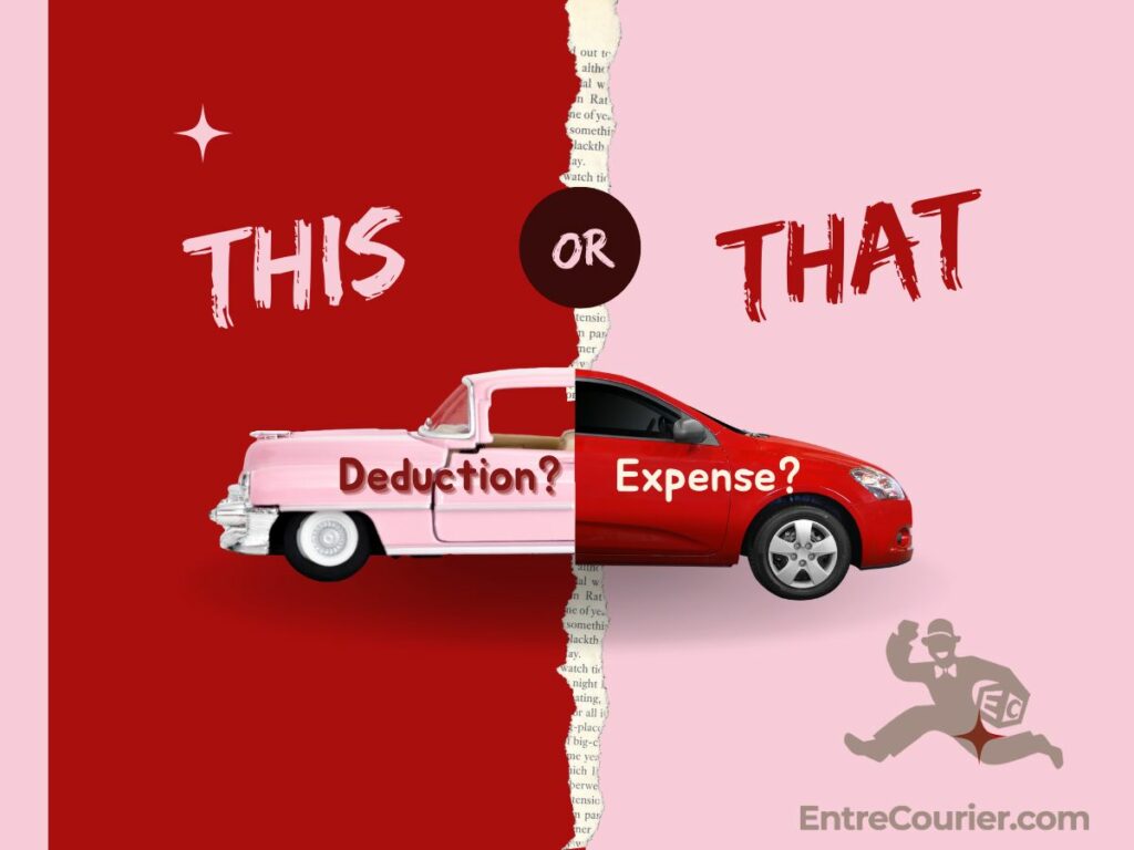 Two torn halves of pictures brought together with the label This or That. Under This, an older pink front end of a car labeled Deduction? and under That, a red newer front end of a car labeled Expense?