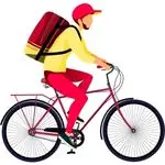 graphic illustration of a courier on a bike with a red hat and a backpack.