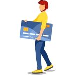 Graphic image of a bearded man walking away with a debit card.