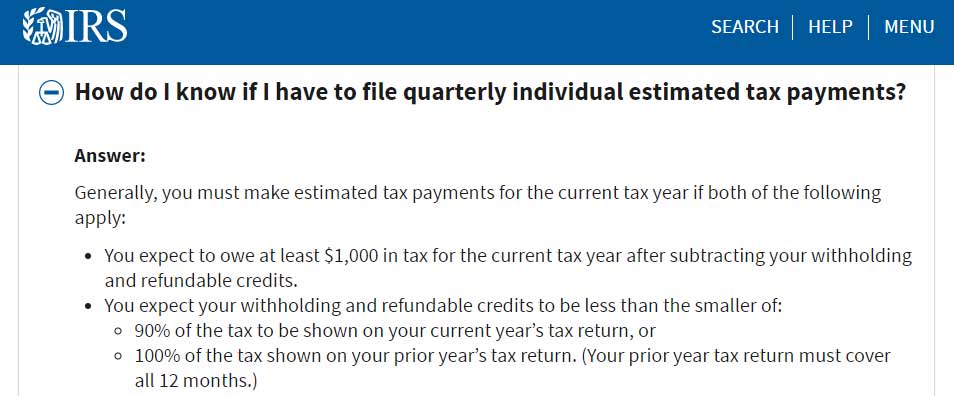 Screenshot from the IRS FAQ page explaining when someone needs to make quarterly tax payments.