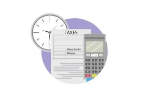 Montage of a calculator, tax forms and a clock.