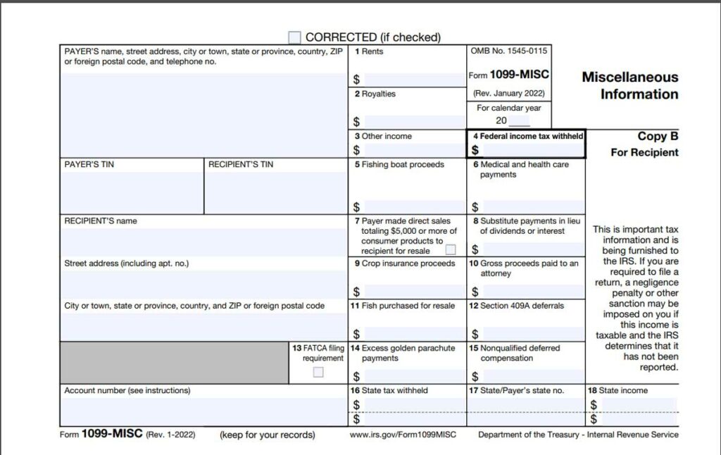 Screenshot of IRS form 1099-MISC, January 2022 revision.