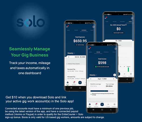 Sponsored image for the Solo app showing three smartphones with screenshots from the Solo app, with caption reading "Seamlessly manage your Gig Business, Track your income, mileage and taxes automatically in one dashboard, Get $10 when you download Solo and link your active gig work account(s) in the Solo app.
