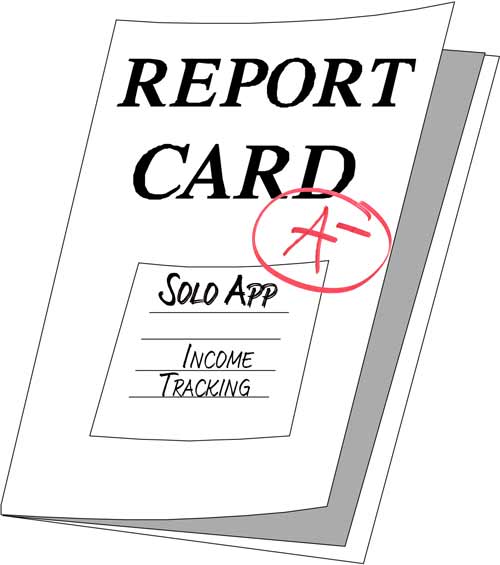 Line drawing of a report card, with Solo App for the name and Income Tracking for the subject, with a red A- circled as the grade.