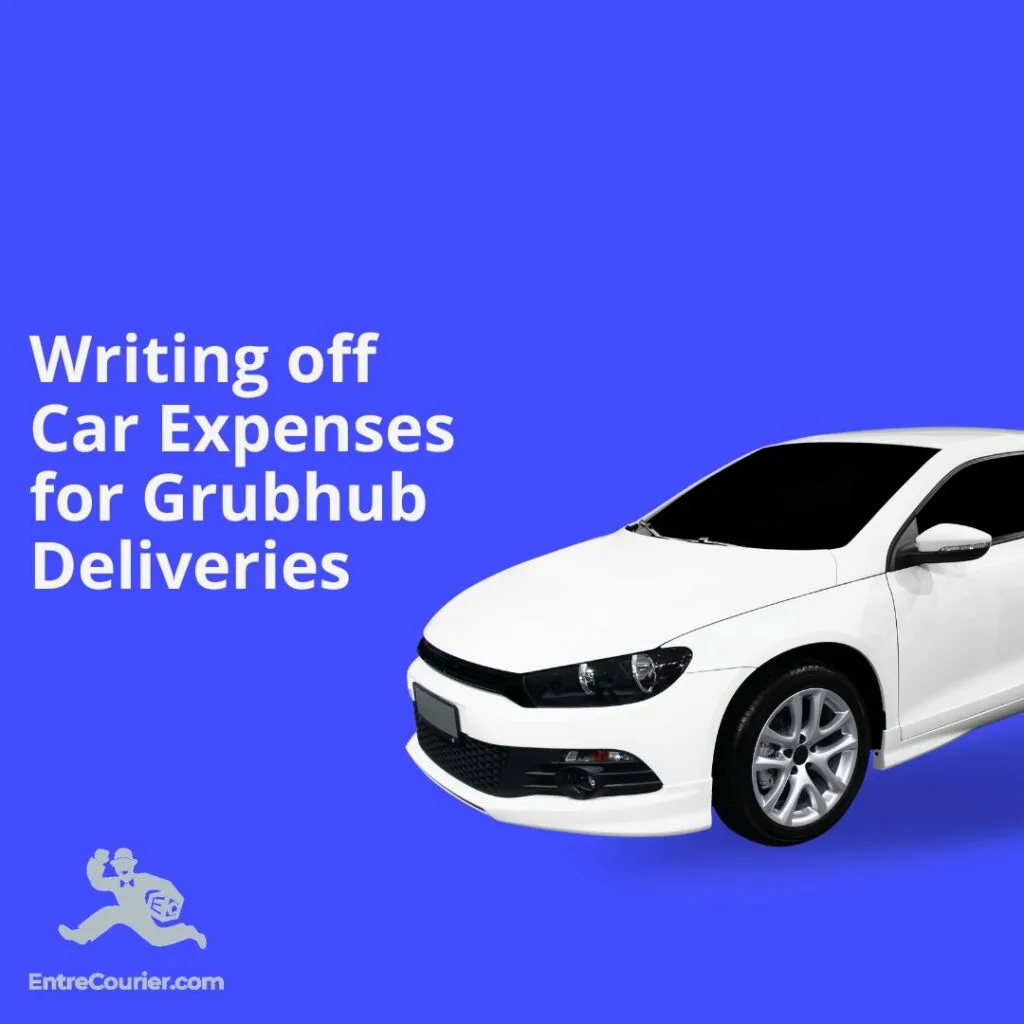 White car against a blue background with the heading Writing off car expenses for Grubhub deliveries.