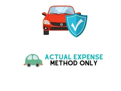 Car insurance illustrated by a car with a blue shield in front of it, with the caption Actual Expense Method only.