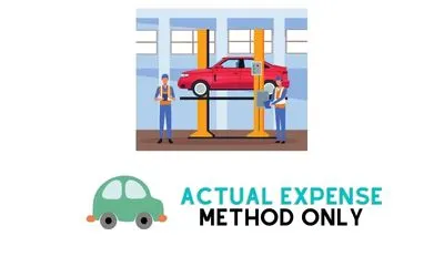 Cartoon of a car up on a lift with two mechanics standing by, with the caption Actual Expense Method Only.