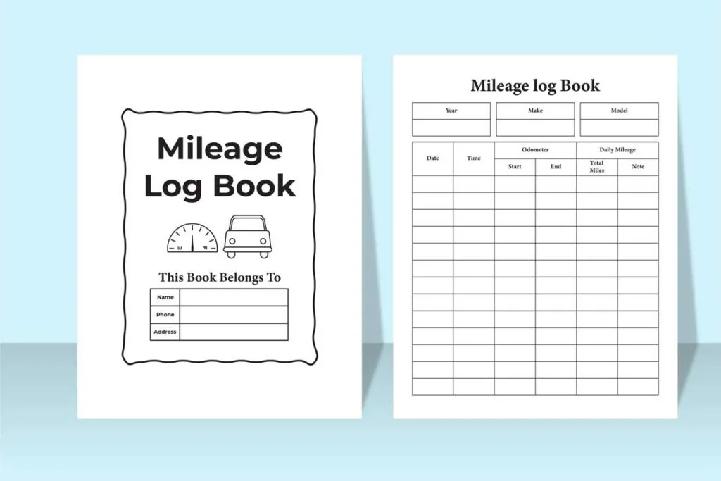 image of a cover page and inside page of a mileage log book that a grubhub delivery driver might use to track miles.