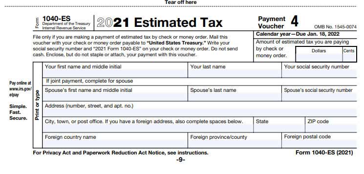 Screenshot of IRS form 1040-ES that has an section for entering payment amount and the rest is entering identifying information.
