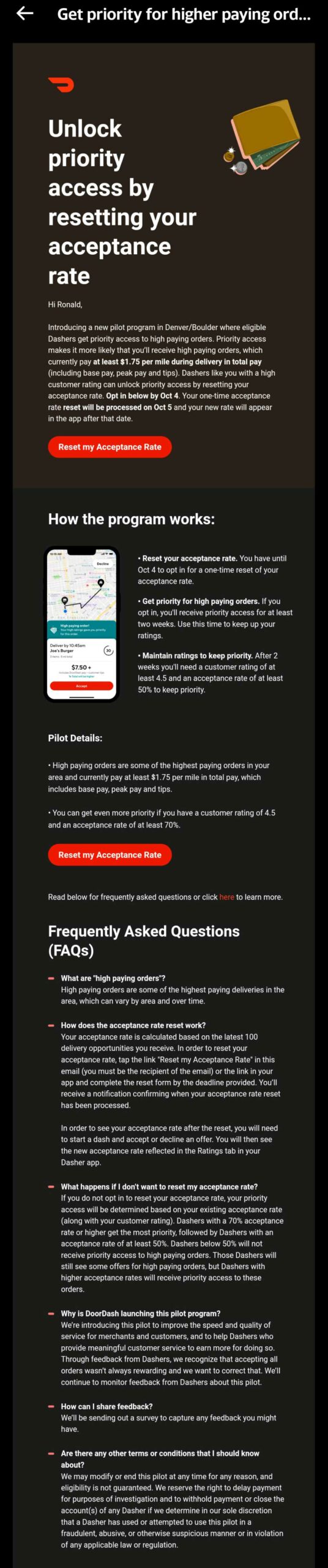 Screenshot of the entire email from Doordash promising priority for high paying orders to Dashers with a 50% acceptance rate or higher.