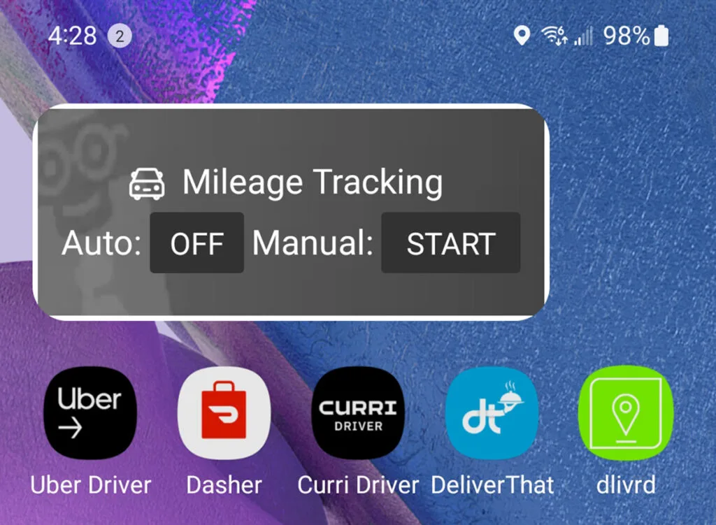 Screenshot of the Hurdlr widget which allows you to start and stop mileage tracking from the home screen of an Android phone.