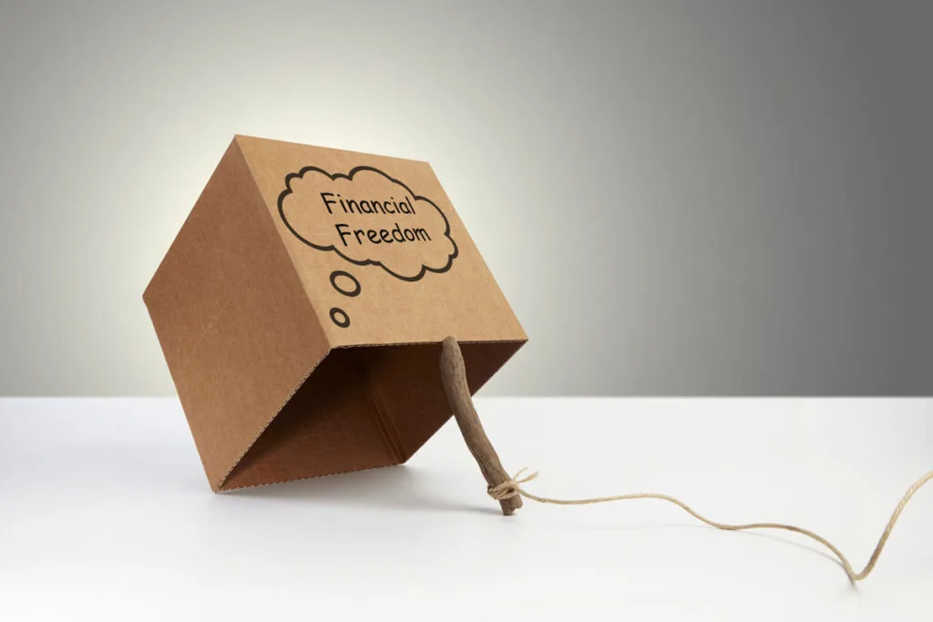 A trap with a box propped up by a stick and a string tied to the stick, with the box labeled with a dream cloud with the words financial freedom.